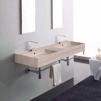Bathroom Sink Beige Travertine Design Ceramic Wall Mounted Double Sink With Polished Chrome Towel Holder Scarabeo 5116-E-TB